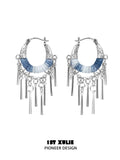苗 - Miao - Indigo Tie-dyed Cotton Tassel Hoop Earrings