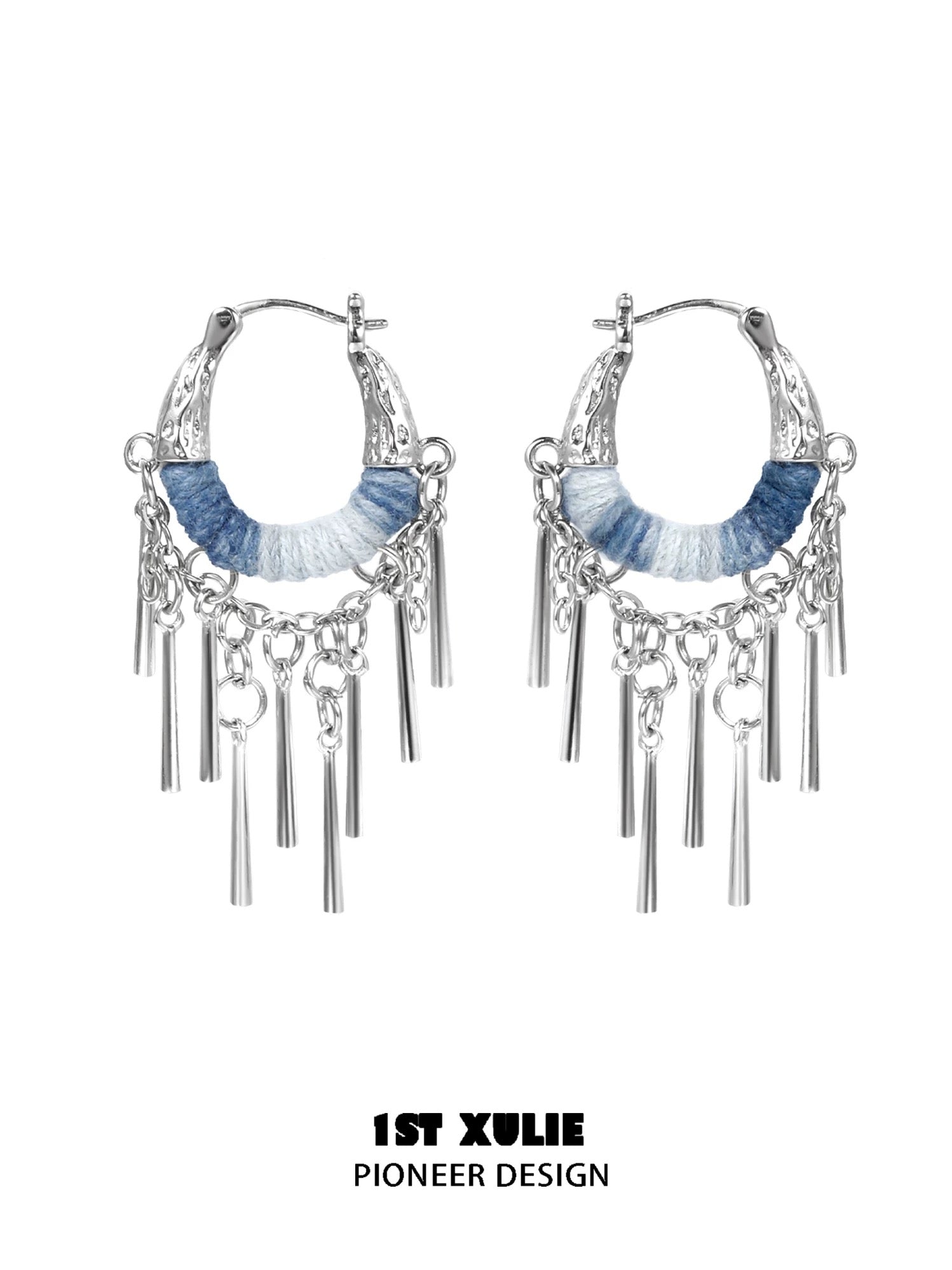 苗 - Miao - Indigo Tie-dyed Cotton Tassel Hoop Earrings