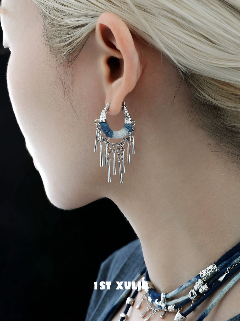 苗 - Miao - Indigo Tie-dyed Cotton Tassel Hoop Earrings