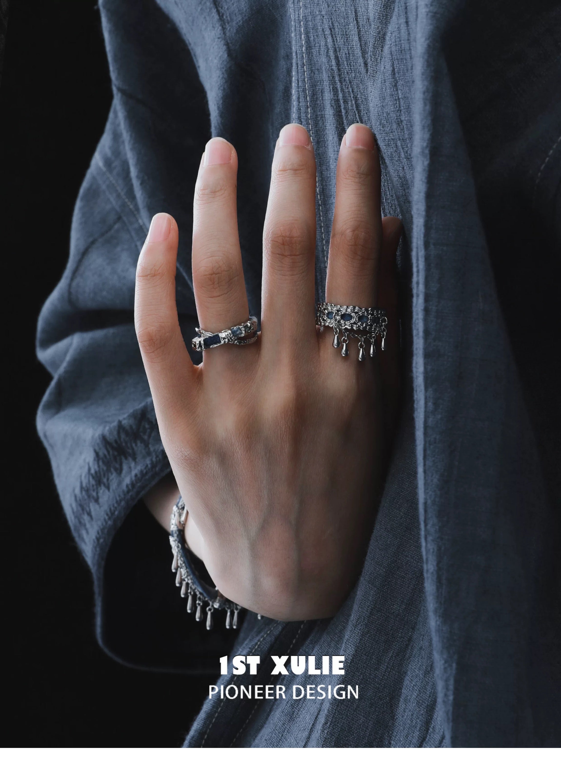 苗 - Miao - S925 Silver & Indigo Tie-dyed Cotton Rings