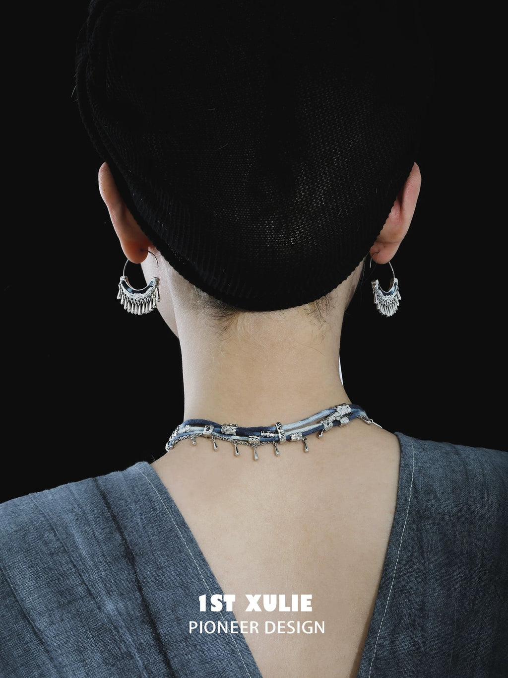 苗 - Miao - Indigo Tie-dyed Ethnic C Hoop Earrings