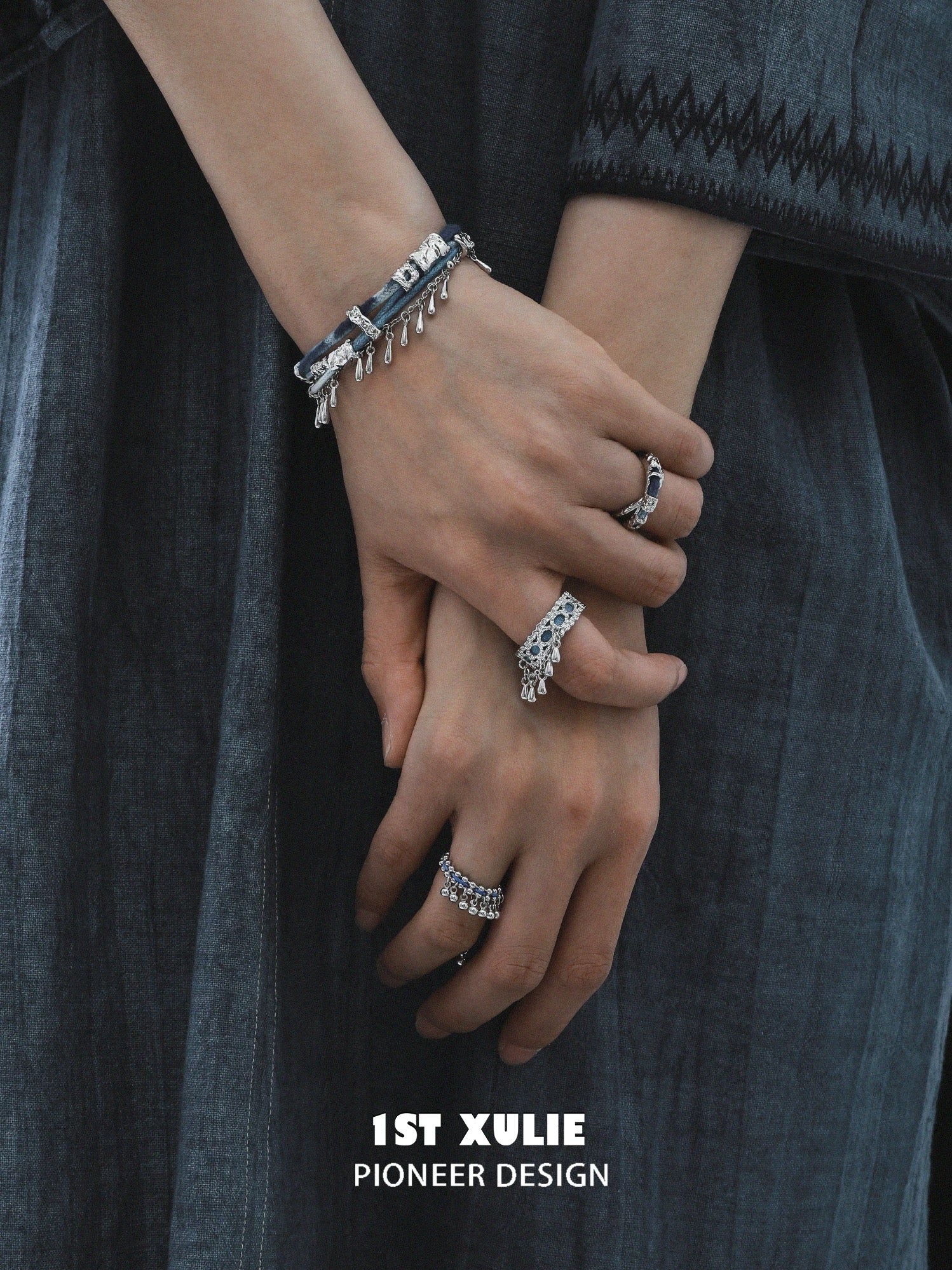 苗 - Miao - S925 Silver & Indigo Tie-dyed Cotton Rings