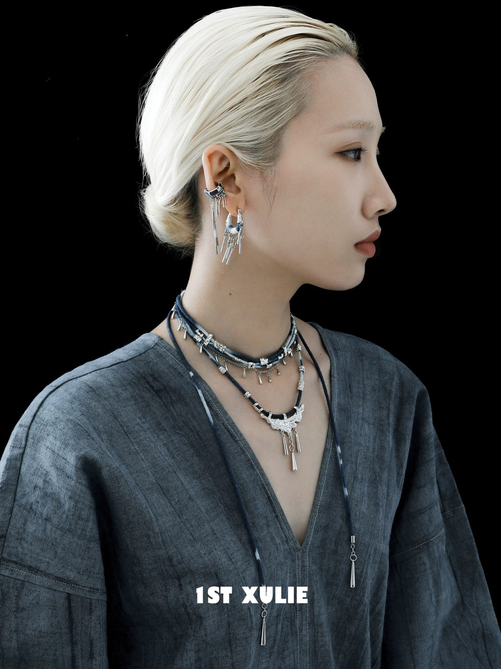苗 - Miao - Indigo Tie-dyed Cotton Tassel Hoop Earrings