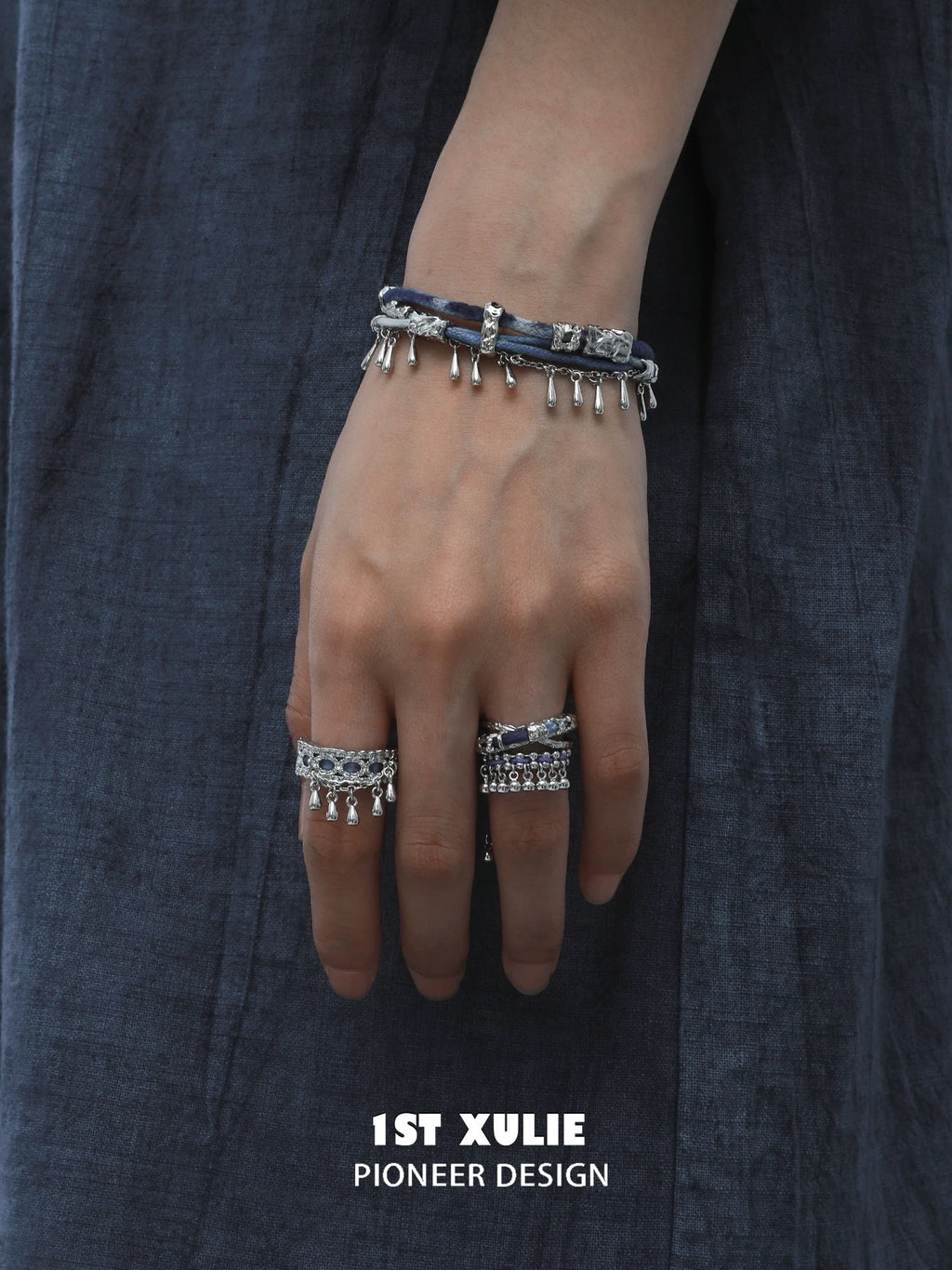 苗 - Miao - S925 Silver & Indigo Tie-dyed Cotton Rings