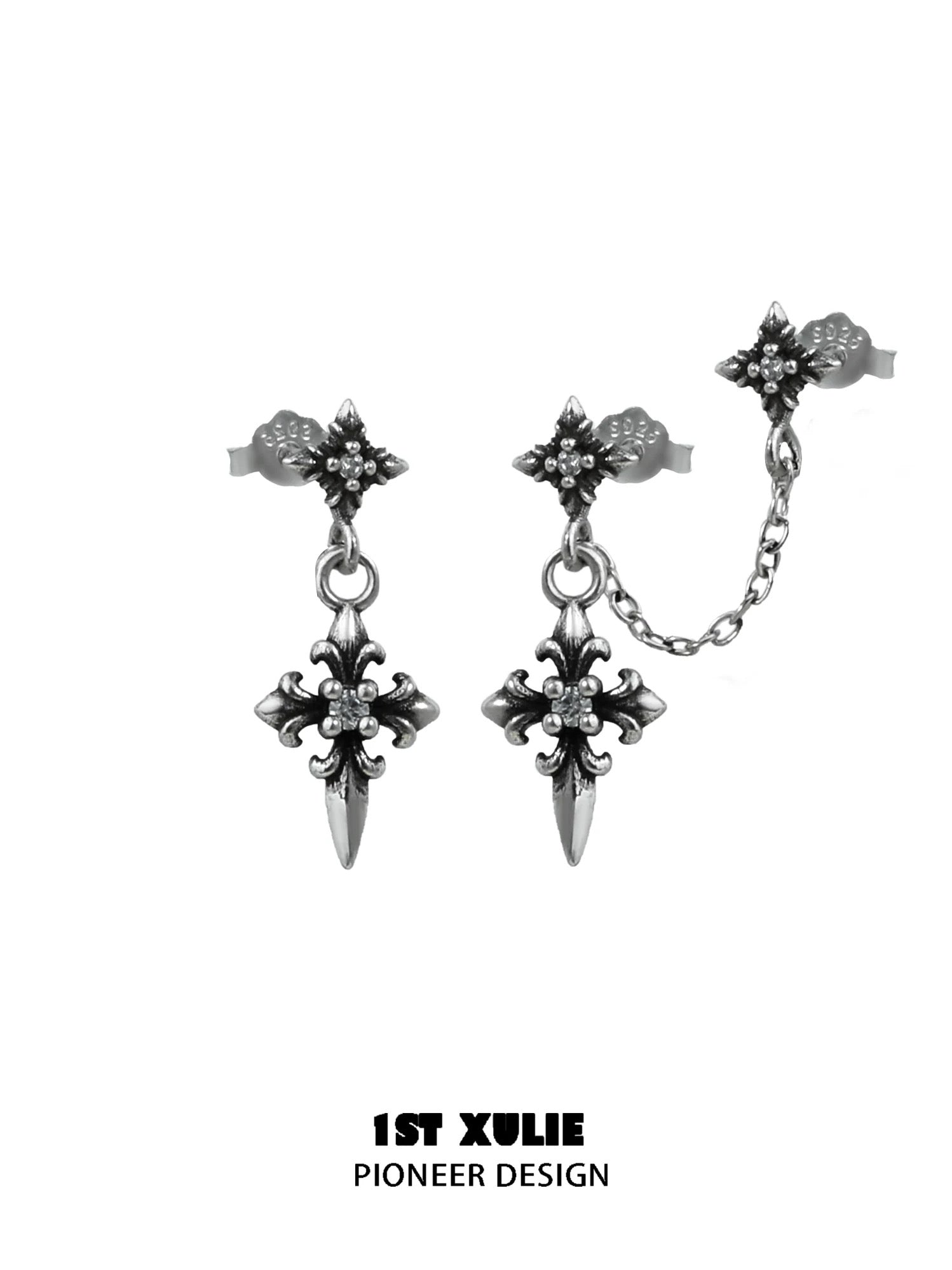 暗黑鸢尾 - Dark Iris - S925 Silver Stud Dangle Earrings