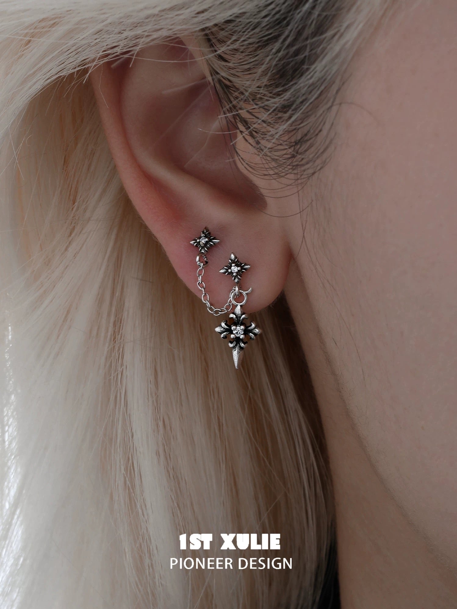 暗黑鸢尾 - Dark Iris - S925 Silver Stud Dangle Earrings