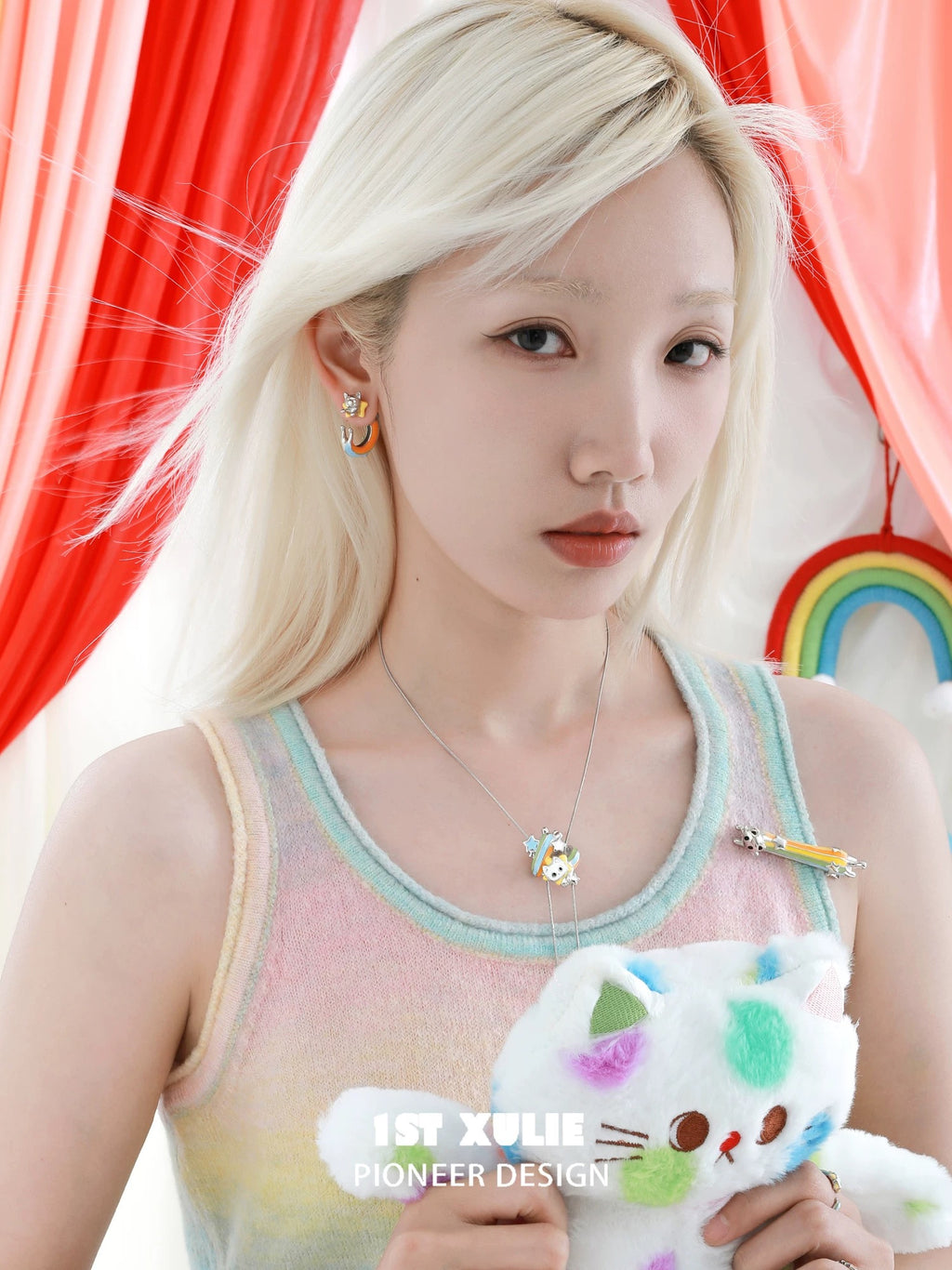 彩虹小猫 - Rainbow Cat - Half Hoop Detachable Earrings