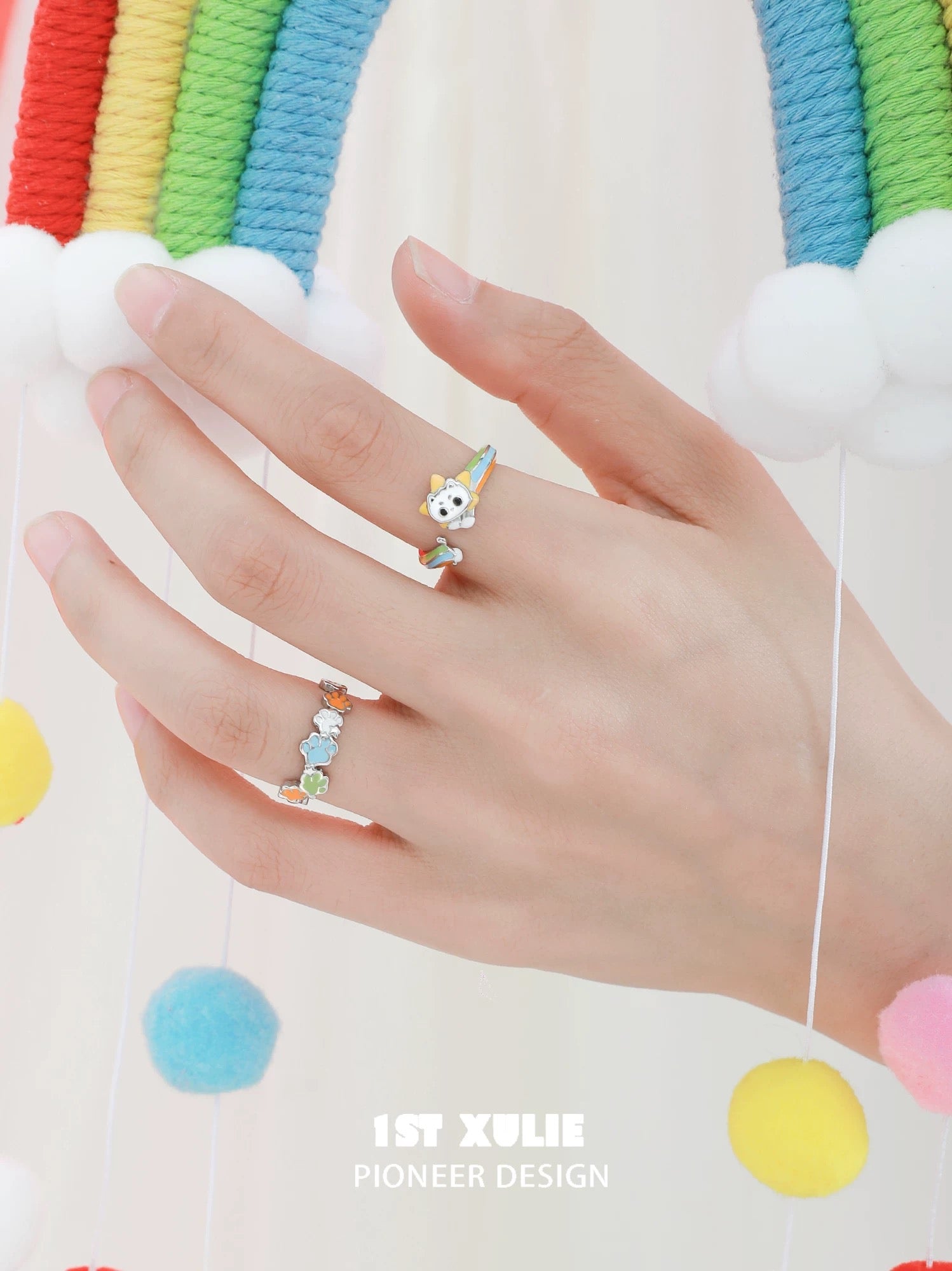 彩虹小猫 - Rainbow Cat - S925 Silver Cat Ring & Paw Ring