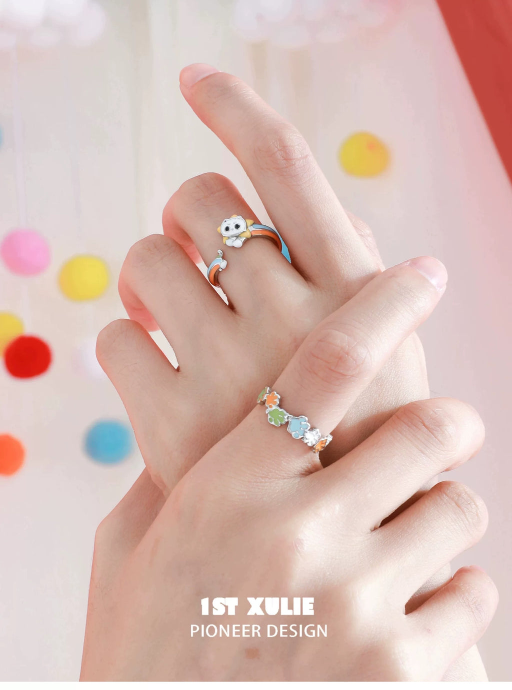 彩虹小猫 - Rainbow Cat - S925 Silver Cat Ring & Paw Ring