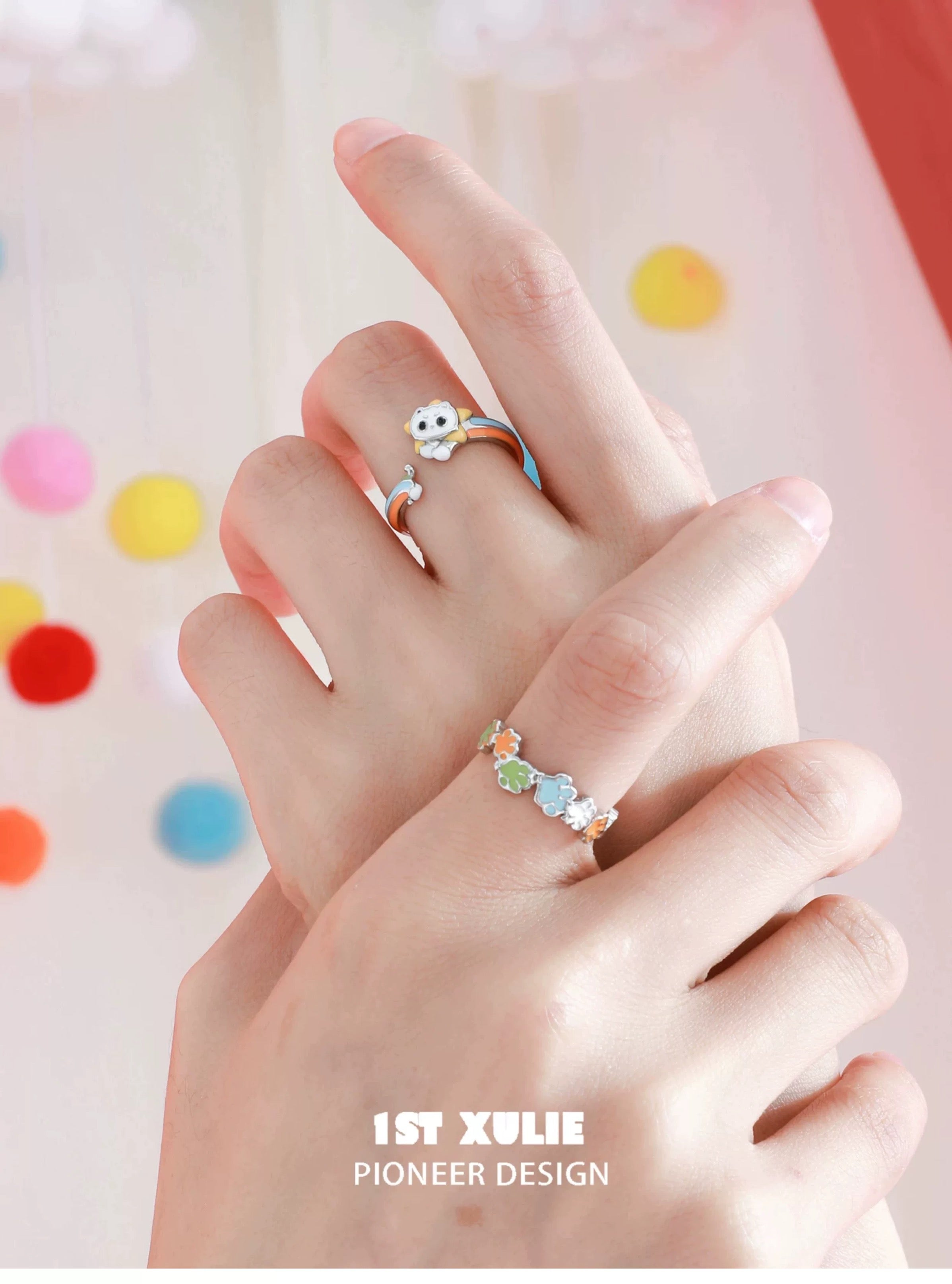 彩虹小猫 - Rainbow Cat - S925 Silver Cat Ring & Paw Ring