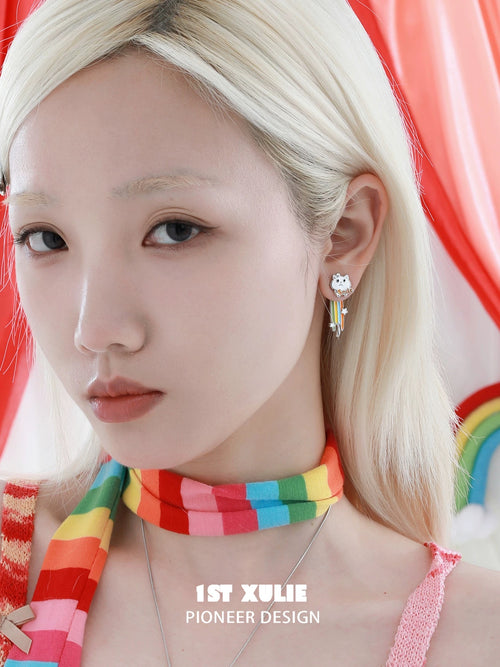 彩虹小猫 - Rainbow Cat - Long Detachable Earrings