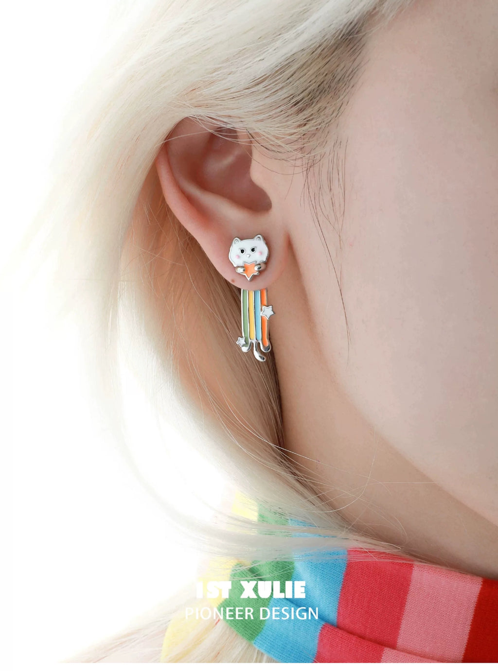 彩虹小猫 - Rainbow Cat - Long Detachable Earrings