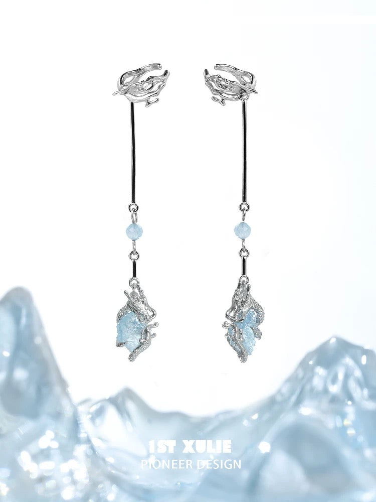 灵龙 - Spirit Dragon - Aquamarine Dangle Ear Cuffs