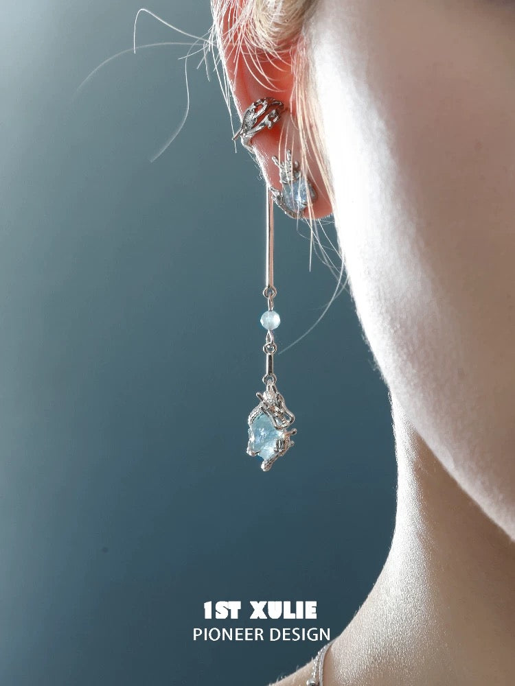 灵龙 - Spirit Dragon - Aquamarine Dangle Ear Cuffs