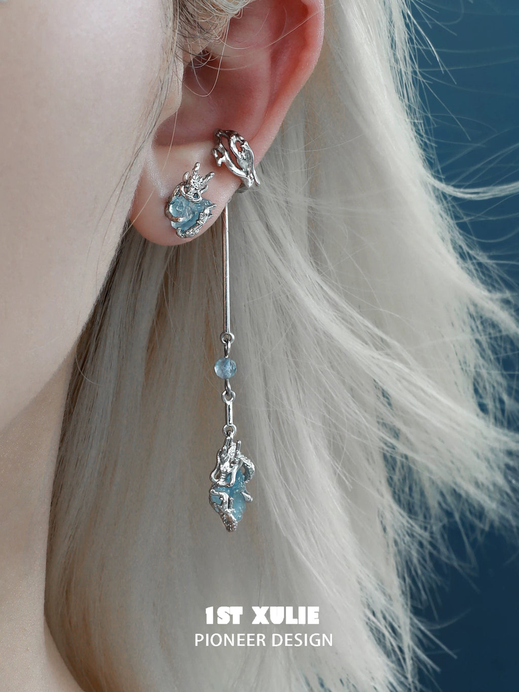 灵龙 - Spirit Dragon - Aquamarine Dangle Ear Cuffs