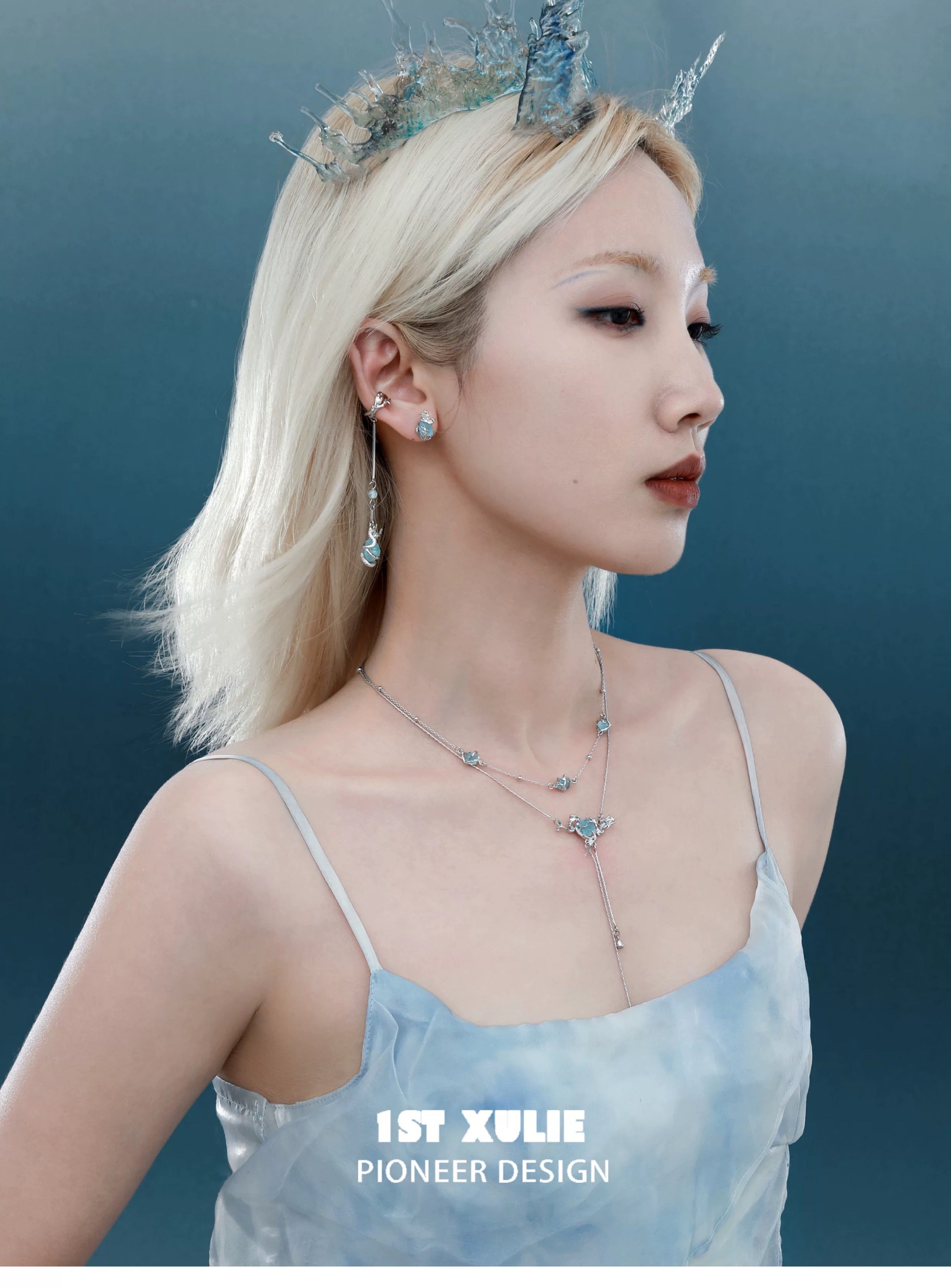 灵龙 - Spirit Dragon - Aquamarine Dangle Ear Cuffs