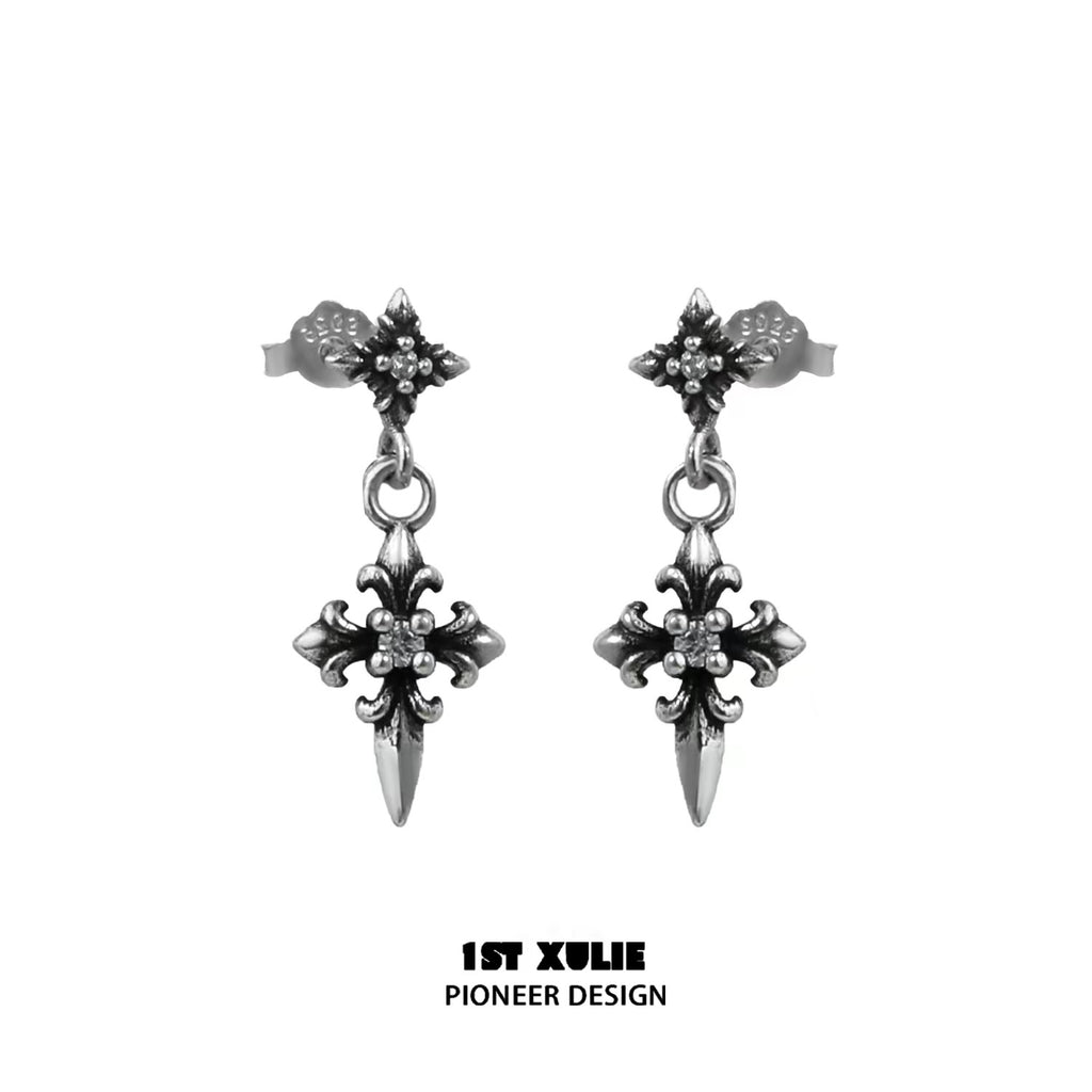 暗黑鸢尾 - Dark Iris - S925 Silver Stud Dangle Earrings